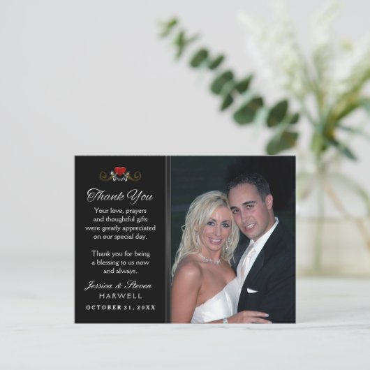 Black & White Halloween Skeleton Wedding Dank u Briefkaart (Staand voorkant)