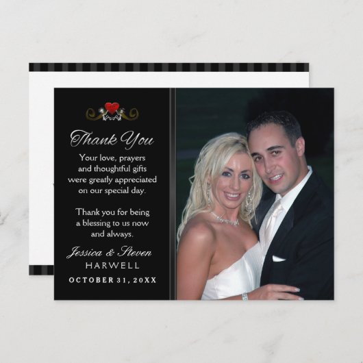 Black & White Halloween Skeleton Wedding Dank u Briefkaart (Voorkant / Achterkant)