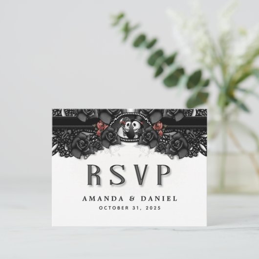 Black White Halloween Skeletons MENU RSVP Briefkaa (Staand voorkant)