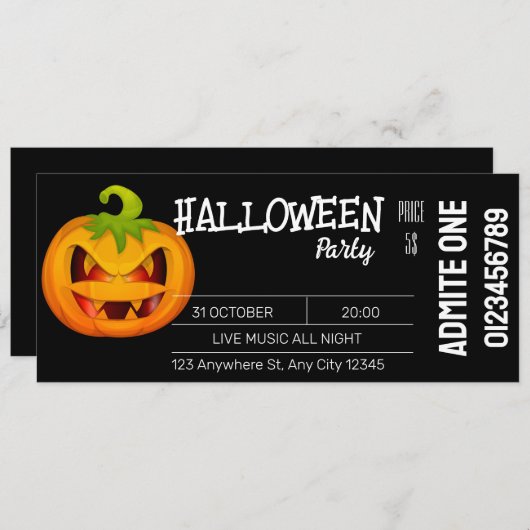 Black White Halloween Ticket Uitnodiging (Voorkant / Achterkant)