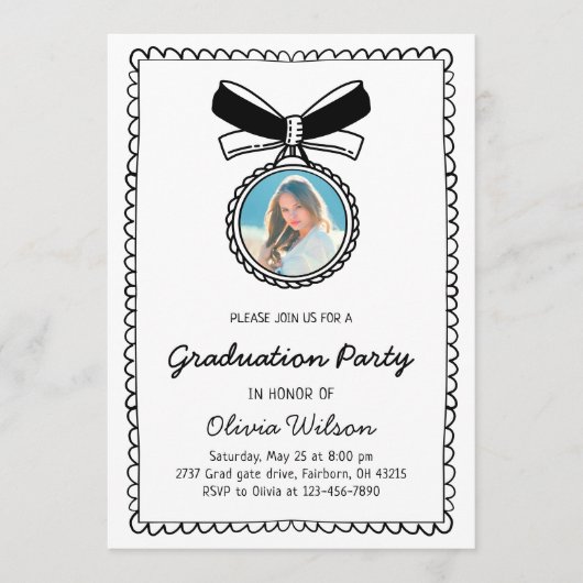 Black & White Hand Drawn Bow Graduation Party Kaart (Voorkant)