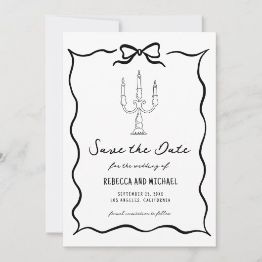 Black & White Hand Drawn Bow Photo Wedding Save The Date (Voorkant)