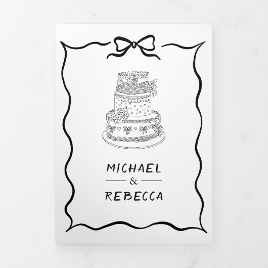 Black & White Hand Drawn Bow QR Code Photo Wedding Drieluik Uitnodiging (Cover)