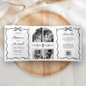 Black & White Hand Drawn Bow QR Code Photo Wedding Drieluik Uitnodiging