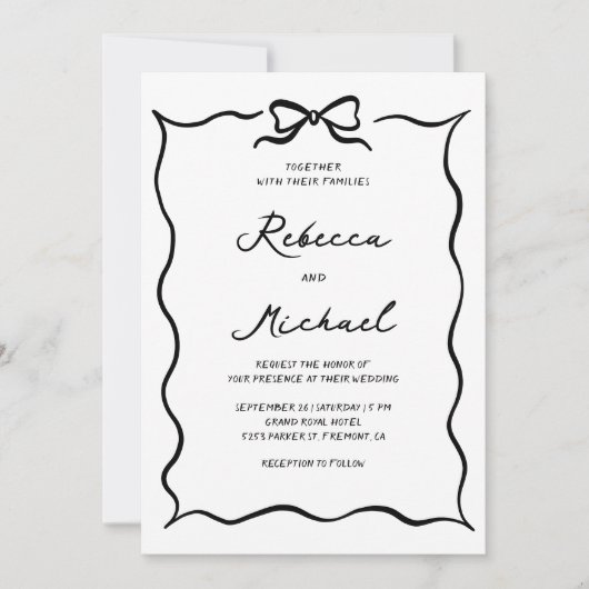 Black & White Hand Drawn Bow QR Code Photo Wedding Kaart (Voorkant)