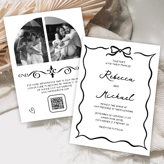 Black & White Hand Drawn Bow QR Code Photo Wedding Kaart