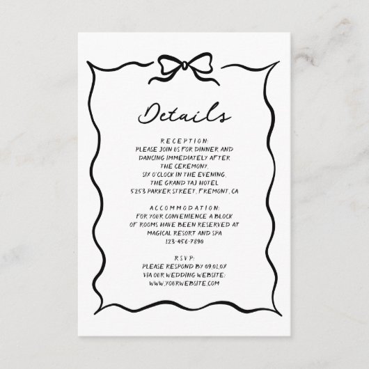 Black & White Hand Drawn Bow Wedding Details Informatiekaartje (Voorkant)