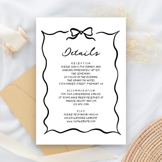 Black & White Hand Drawn Bow Wedding Details Informatiekaartje