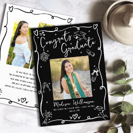 Black White Hand Drawn Doodles Graduation 4 Photo Aankondiging
