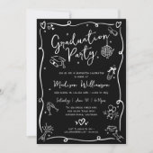 Black White Hand Drawn Doodles Graduation Party Kaart (Voorkant)