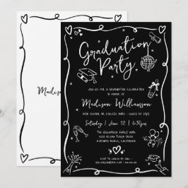 Black White Hand Drawn Doodles Graduation Party Kaart