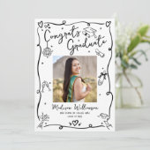 Black White Hand Drawn Doodles Graduation Photo Aankondiging (Staand voorkant)