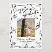 Black White Hand Drawn Doodles Graduation Photo Aankondiging (Voorkant)
