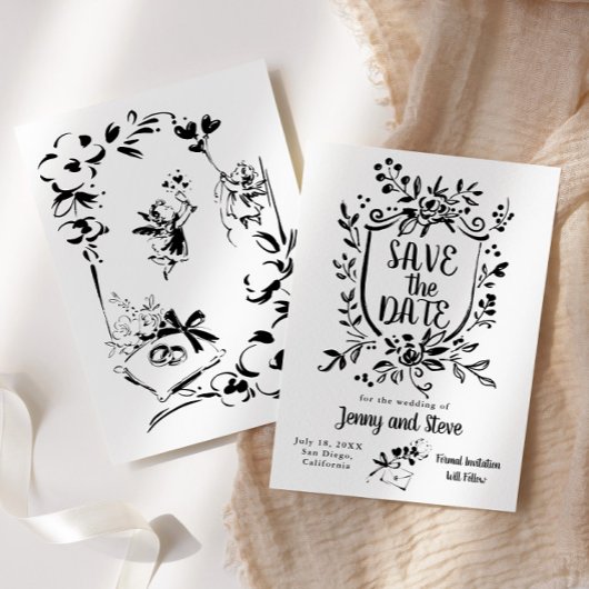 Black & White Hand Drawn Wedding Save The Date Kaart
