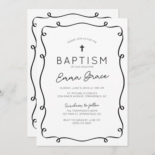 Black & White Hand getrokken doop uitnodiging (Voorkant / Achterkant)