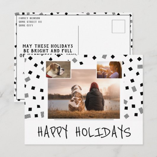 Black White Happy Holidays 3 Photo Collage Feestdagenkaart (Voorkant / Achterkant)