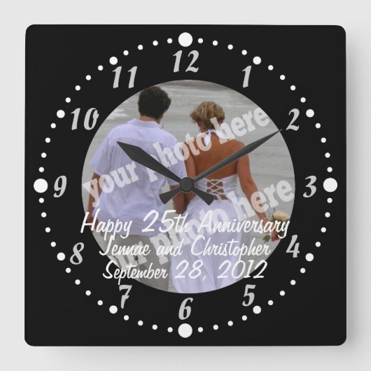 Black White Happy Jubileum Photo Clock Square Vierkante Klok (Voorkant)