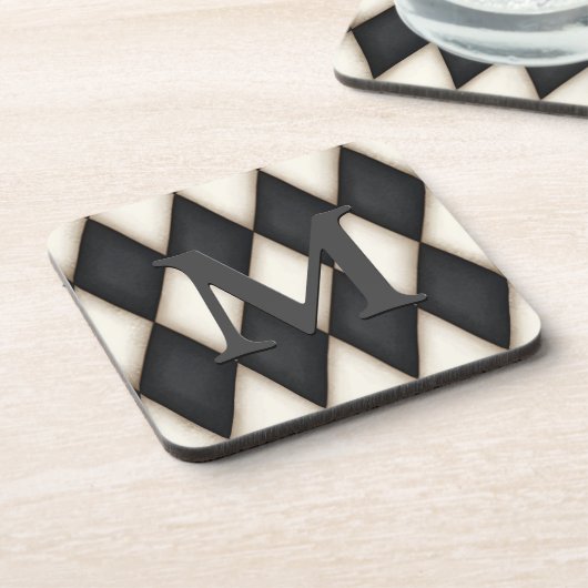 Black & White Harlequin Check Elegant 3-D Monogram Bier Onderzetter (Linkerzijde)