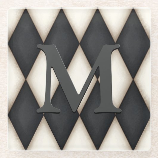 Black & White Harlequin Check Elegant 3-D Monogram Glazen Onderzetter (Voorkant)