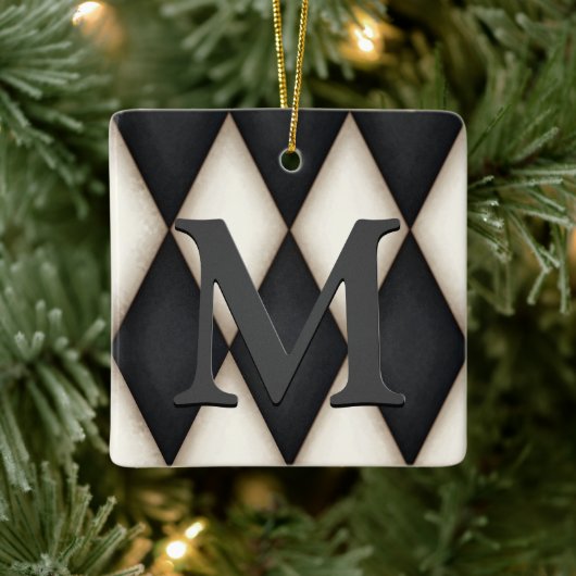 Black & White Harlequin Dramatic Custom Monogram Keramisch Ornament (Boom)