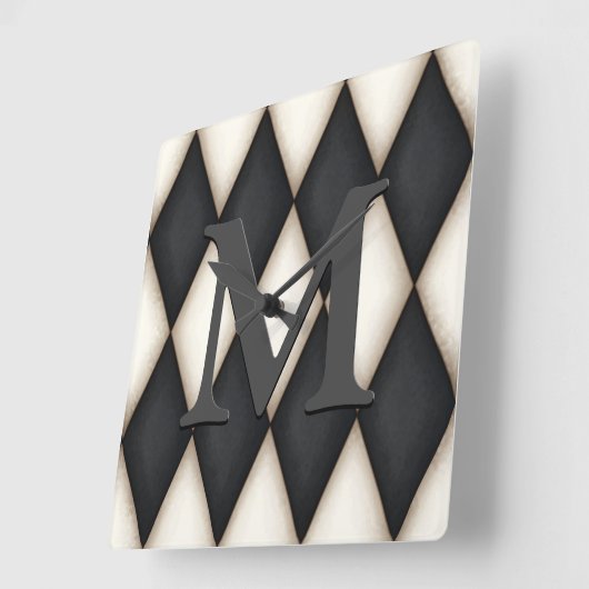 Black & White Harlequin Dramatic Custom Monogram Vierkante Klok (Hoek)
