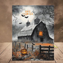 Black & White Haunted Barn Pumpkin Happy Halloween Feestdagenkaart