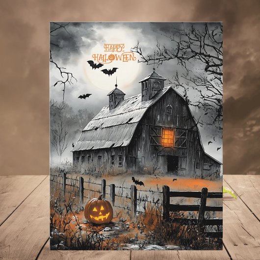 Black & White Haunted Barn Pumpkin Happy Halloween Feestdagenkaart