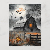 Black & White Haunted Barn Pumpkin Happy Halloween Feestdagenkaart (Voorkant)