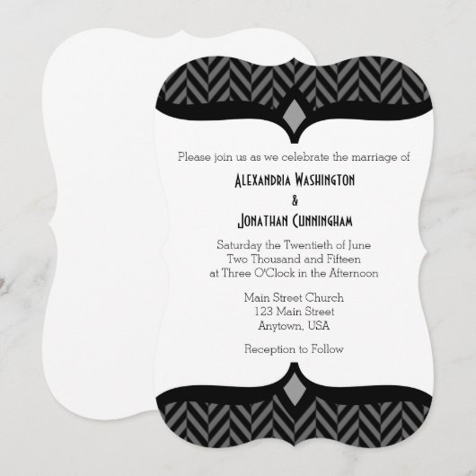 Black White Herringbone Wedding Invitation Kaart (Voorkant / Achterkant)