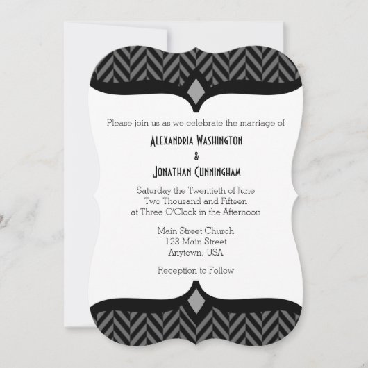 Black White Herringbone Wedding Invitation Kaart (Voorkant)