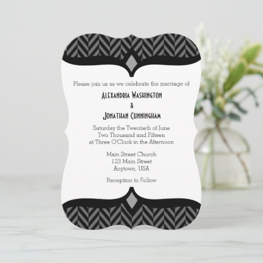 Black White Herringbone Wedding Invitation Kaart (Staand voorkant)