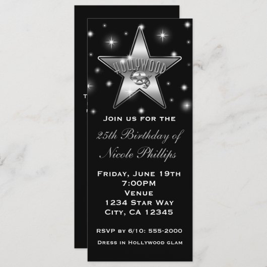 Black & White Hollywood Star  Uitnodiging (Voorkant / Achterkant)