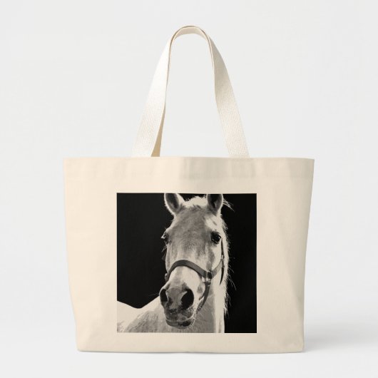 Black White Horse in de nacht close-up Grote Tote Bag (Voorkant)