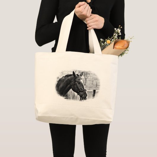 Black White Horse Sketch Grote Tote Bag (Voorkant (product))