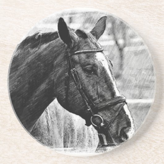 Black White Horse Sketch Zandsteen Onderzetter (Voorkant)