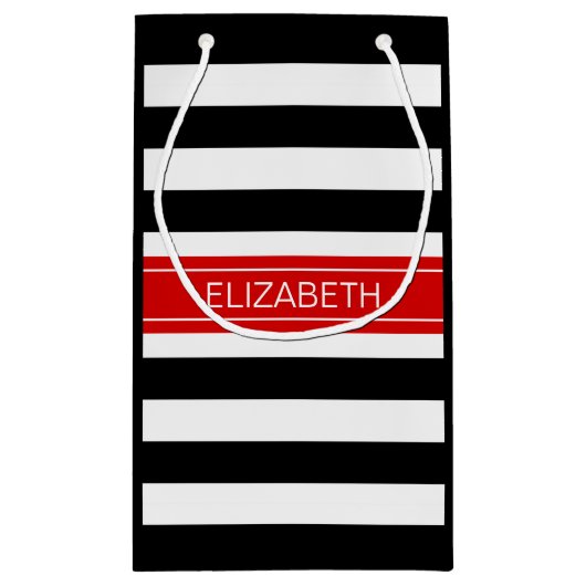 Black White Horz Preppy Stripe Red Name Monogram Klein Cadeauzakje (Achterkant)