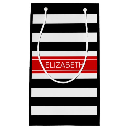 Black White Horz Preppy Stripe Red Name Monogram Klein Cadeauzakje (Voorkant)