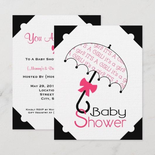 Black White & Hot Pink Baby shower Invitation Kaart (Voorkant / Achterkant)