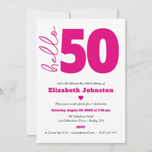Black White Hot Pink Hello 50 Fabulous Birthday Kaart (Voorkant)