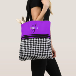 Black White Houndstooth paars name monogram Tote Bag