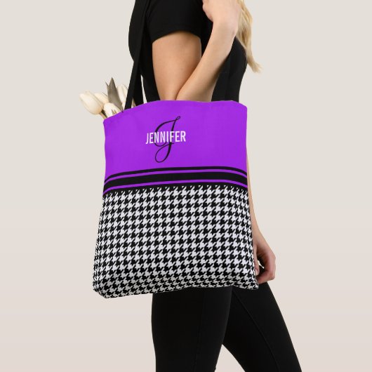 Black White Houndstooth paars name monogram Tote Bag (Dichtbij)