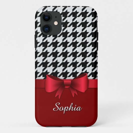 Black White Houndstooth Pattern Red Bow Case-Mate iPhone Case (Achterkant)