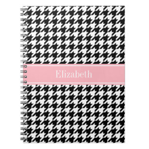 Black White Houndstooth Pink Name Monogram Notitieboek
