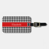Black White Houndstooth Red Name Monogram Bagagelabel (Voorkant horizontaal)
