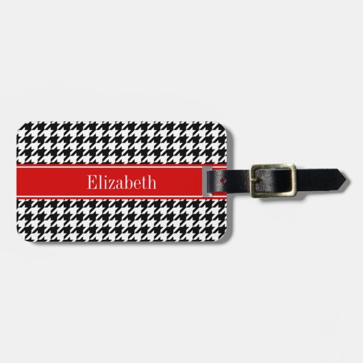 Black White Houndstooth Red Name Monogram Bagagelabel (Voorkant horizontaal)