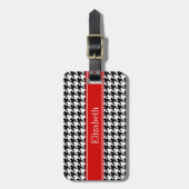 Black White Houndstooth Red Name Monogram Bagagelabel (Voorkant verticaal)
