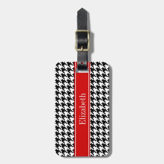 Black White Houndstooth Red Name Monogram Bagagelabel (Voorkant verticaal)