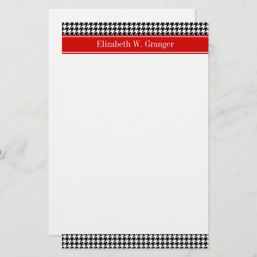 Black White Houndstooth Red Name Monogram Briefpapier (Voorkant / Achterkant)