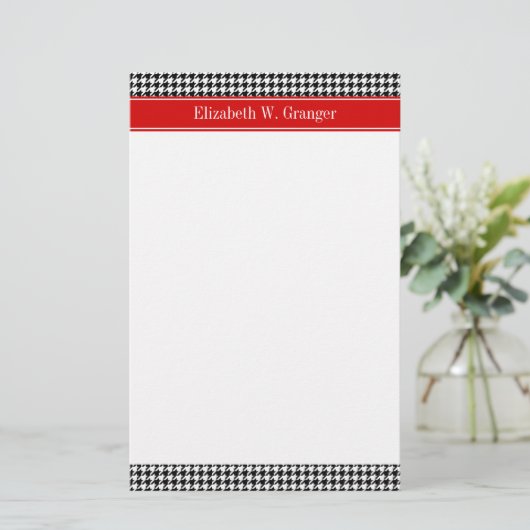 Black White Houndstooth Red Name Monogram Briefpapier (Staand voorkant)