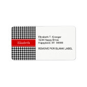 Black White Houndstooth Red Name Monogram Etiket (Voorkant)